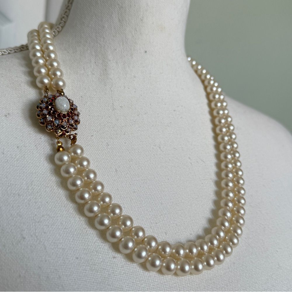 NWT 1960s Panetta Costume Jewelry Double-Stranded Glass Pearl Necklace
